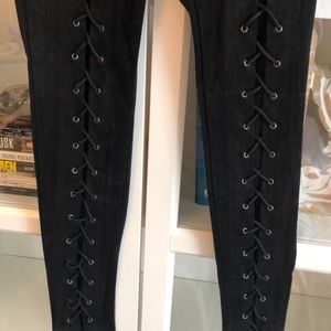 Black suede leggings with lace up detail